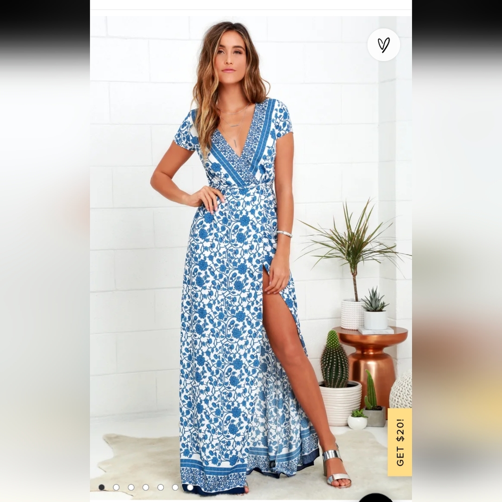 Lulu's French Doors Ivory and Blue Floral Print Wrap Maxi Dress XS